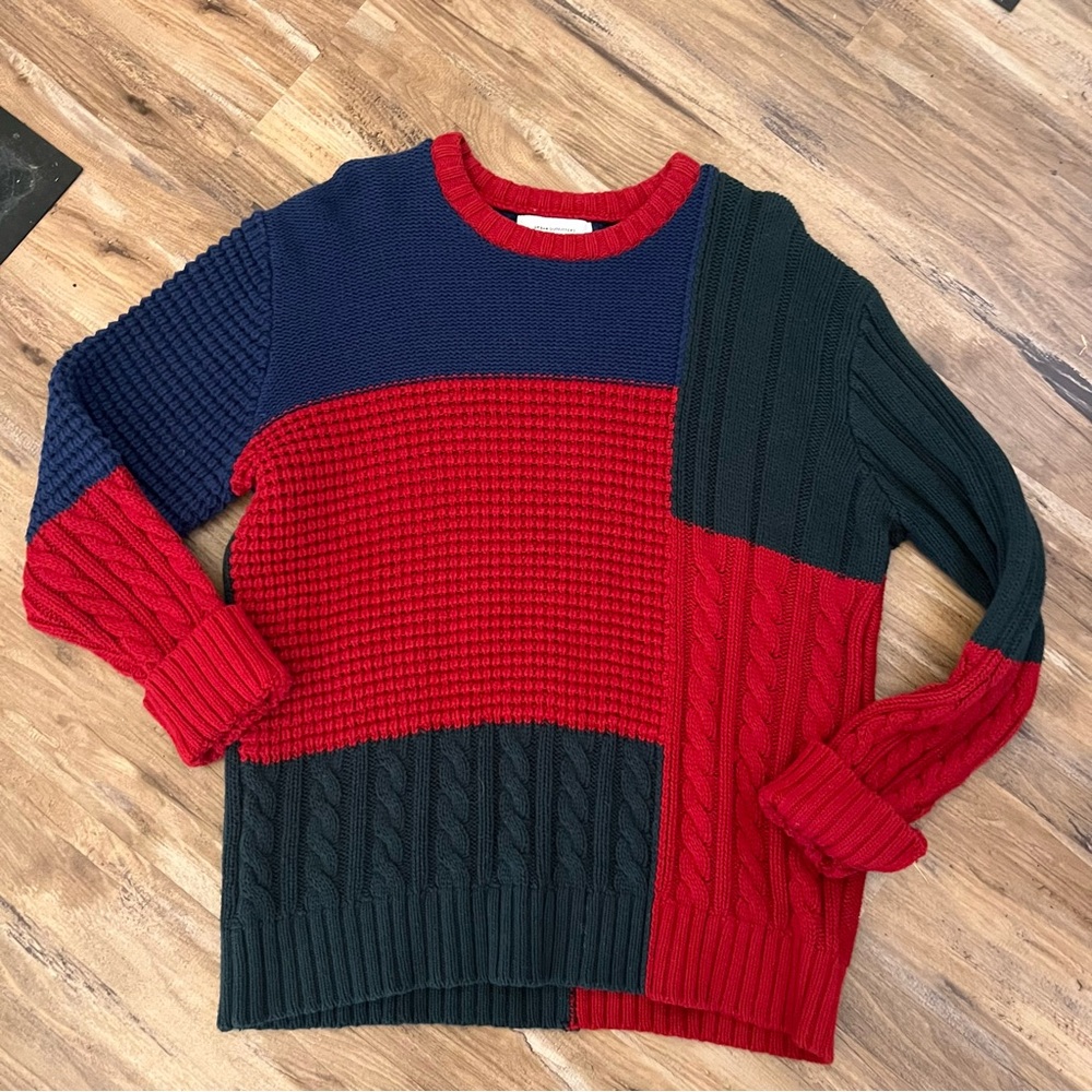 Mens urban outfitters color block knit bulky crew neck Sweater sz L green